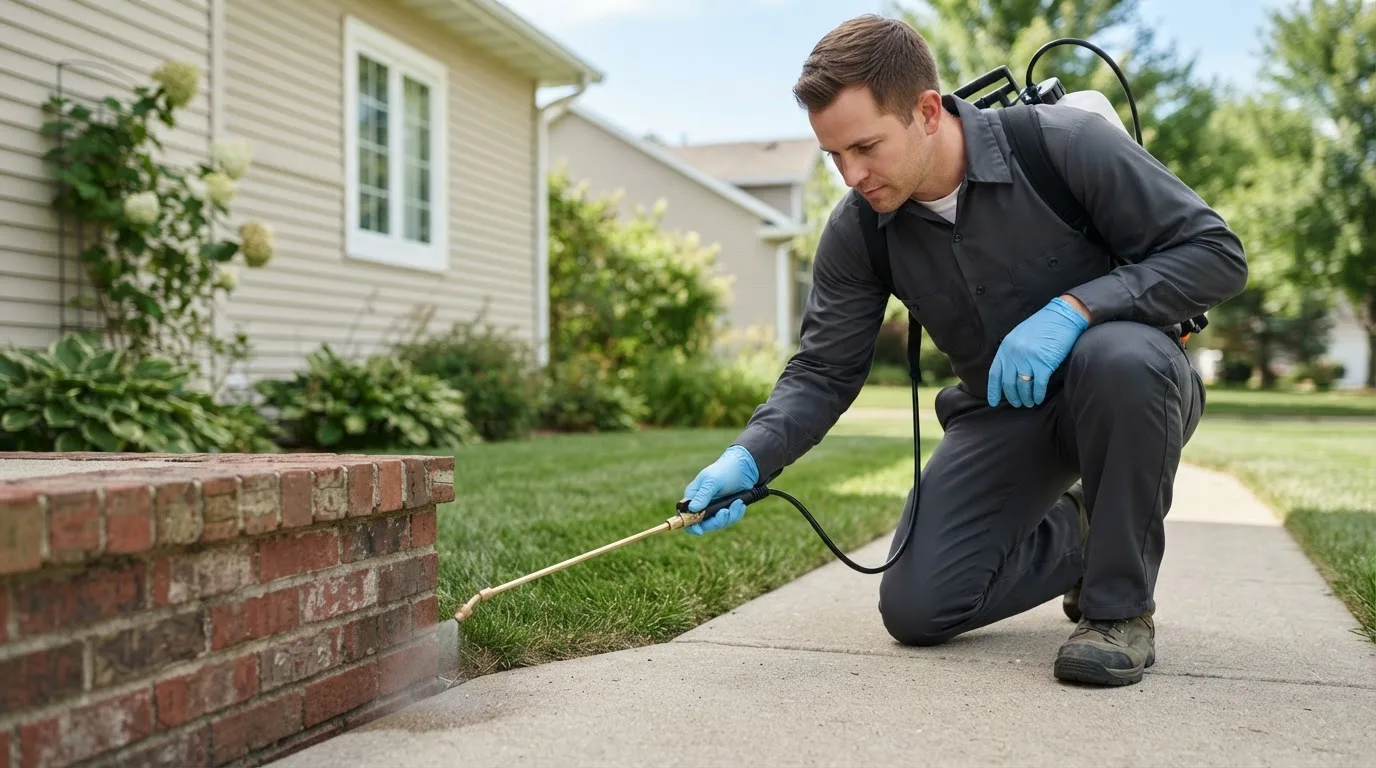 Pest control technician treating a home near Burnside, PA