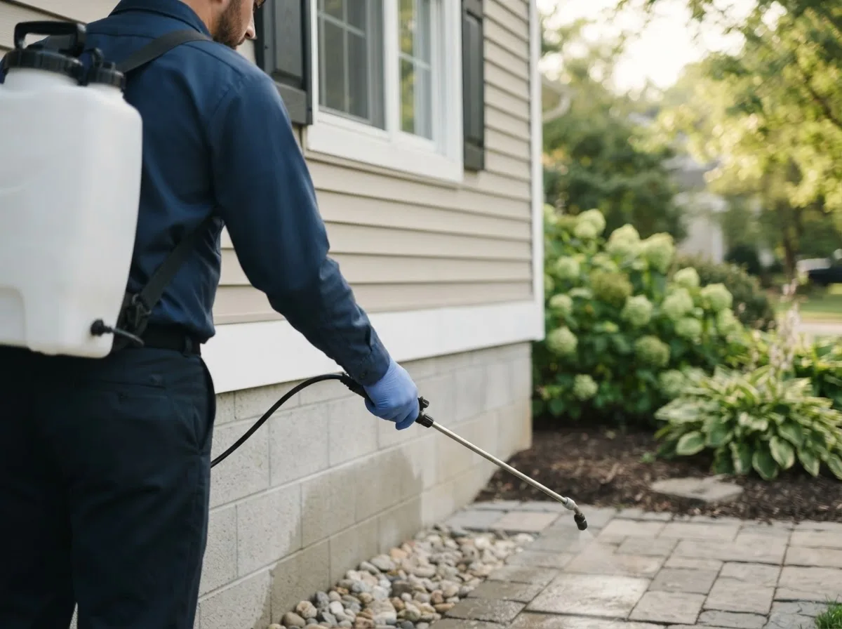 Pest control technician inspecting a home in Burnside, PA